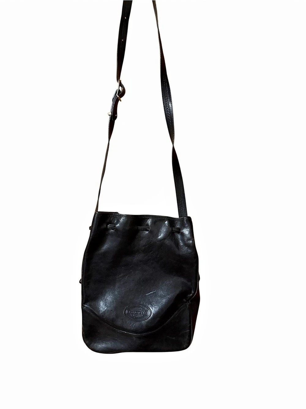 Oroton Black Leather Drawstring Bucket Bag